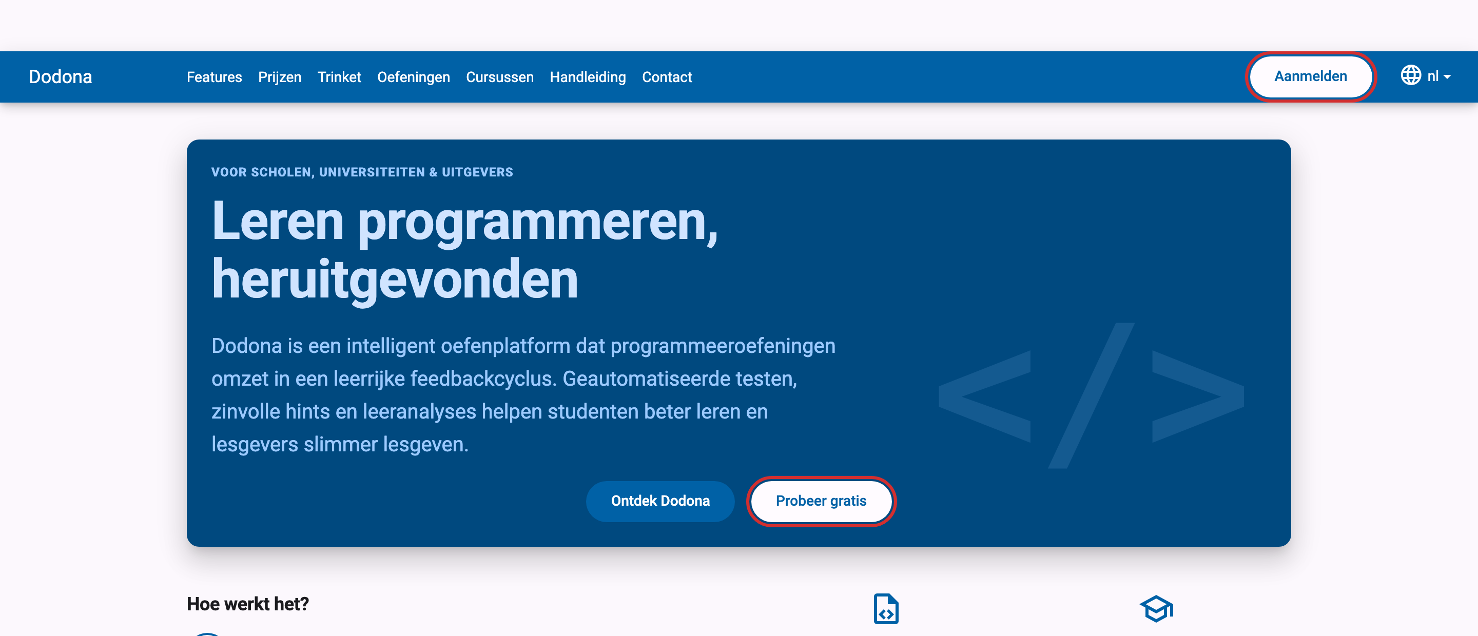 Aanmelden-link in de navigatiebalk en Probeer gratis-knop op de landingspagina, beide gemarkeerd