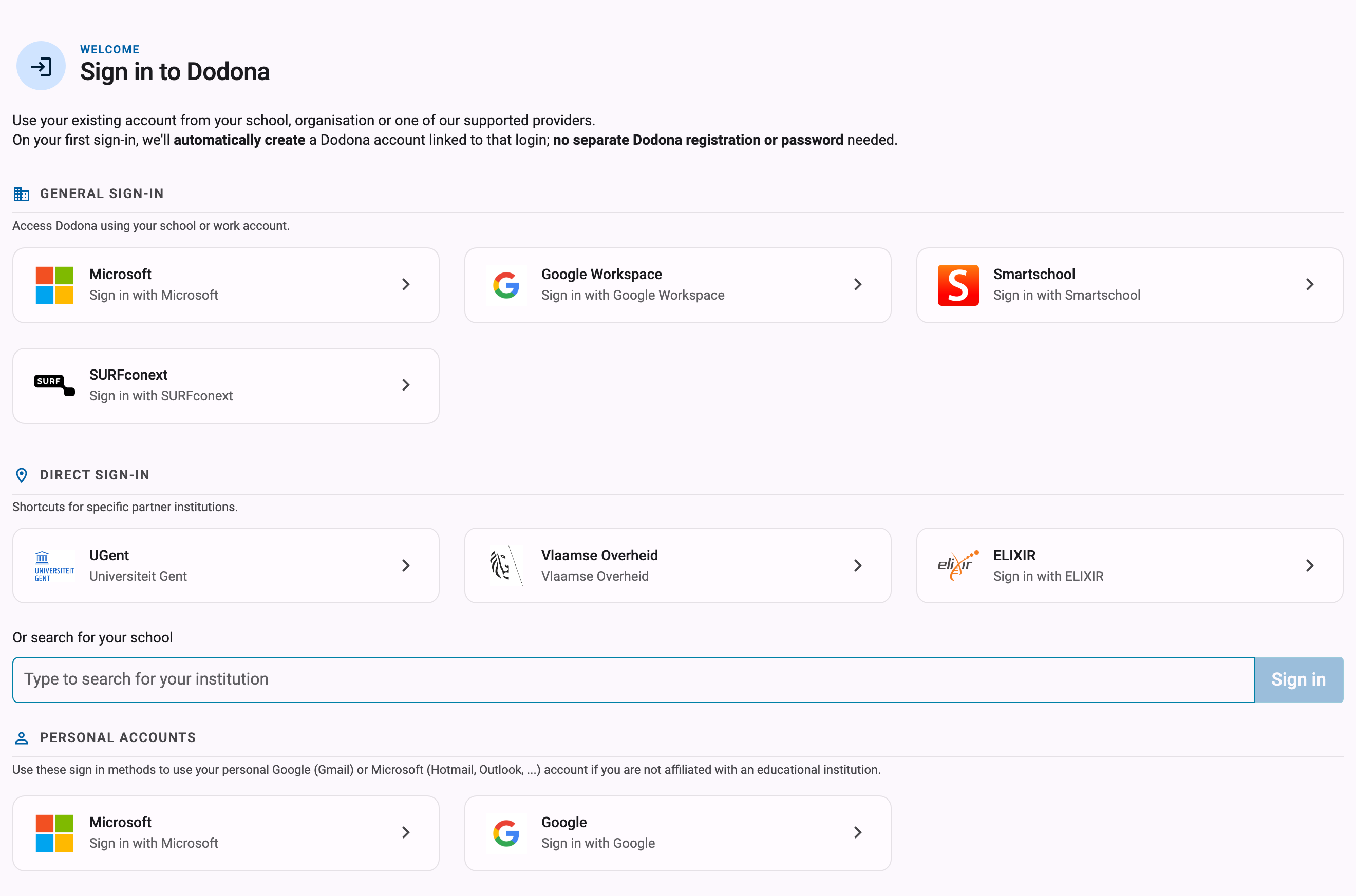 Sign-in page listing educational institutions such as Smartschool, Google Workspace, Office 365 and UGent, plus a search box