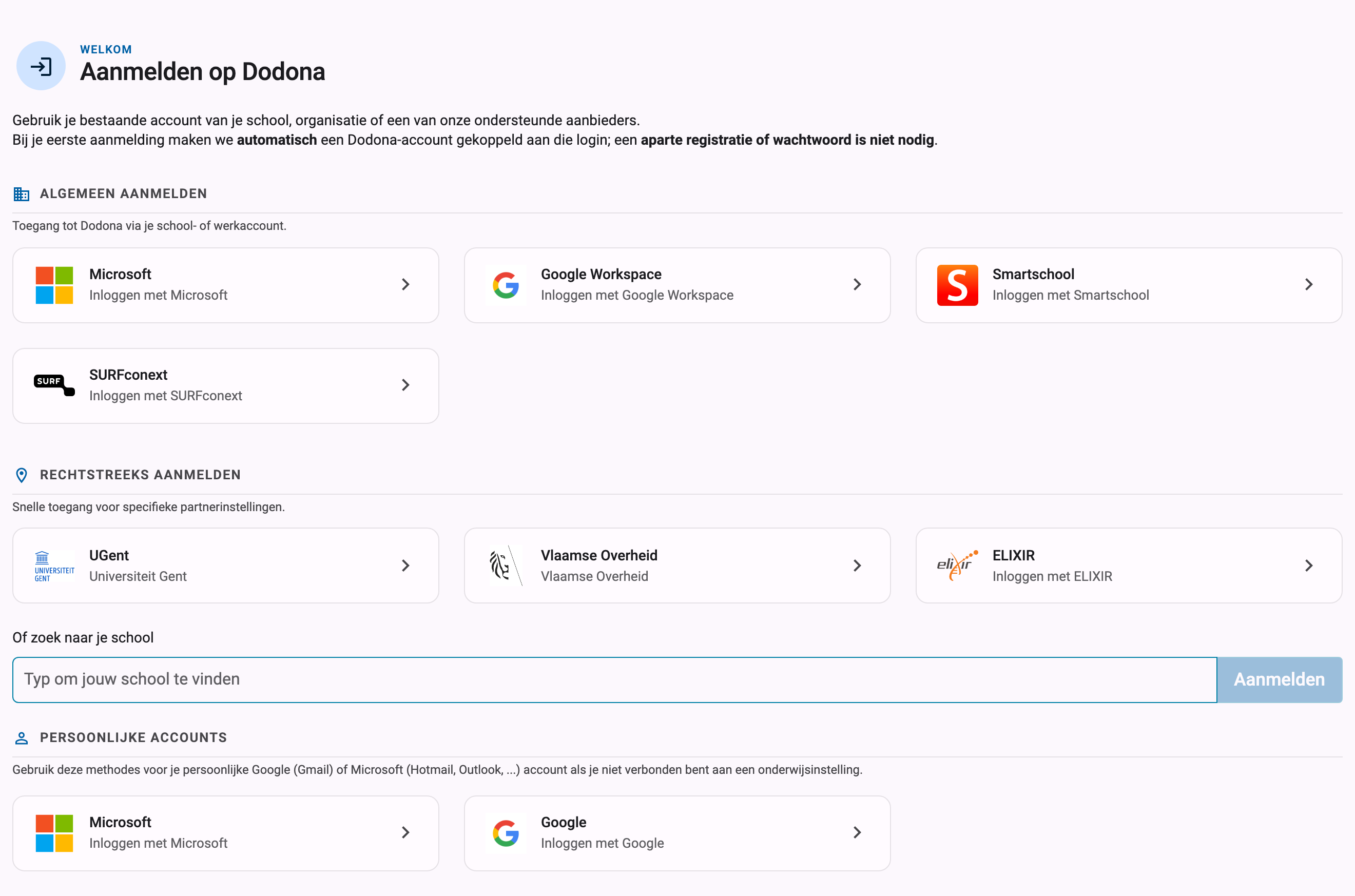 Aanmeldpagina met onderwijsinstellingen zoals Smartschool, Google Workspace, Office 365 en UGent, plus een zoekveld
