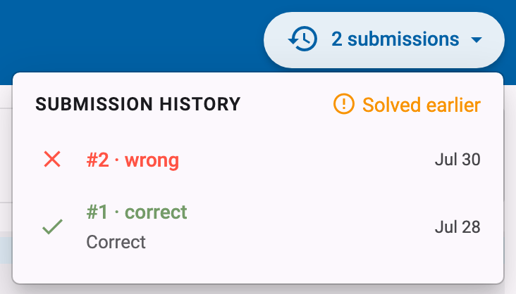 Open submission history with a list of submissions and their statuses
