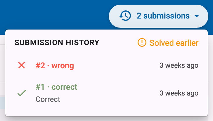 Open submission history with a list of submissions and their statuses