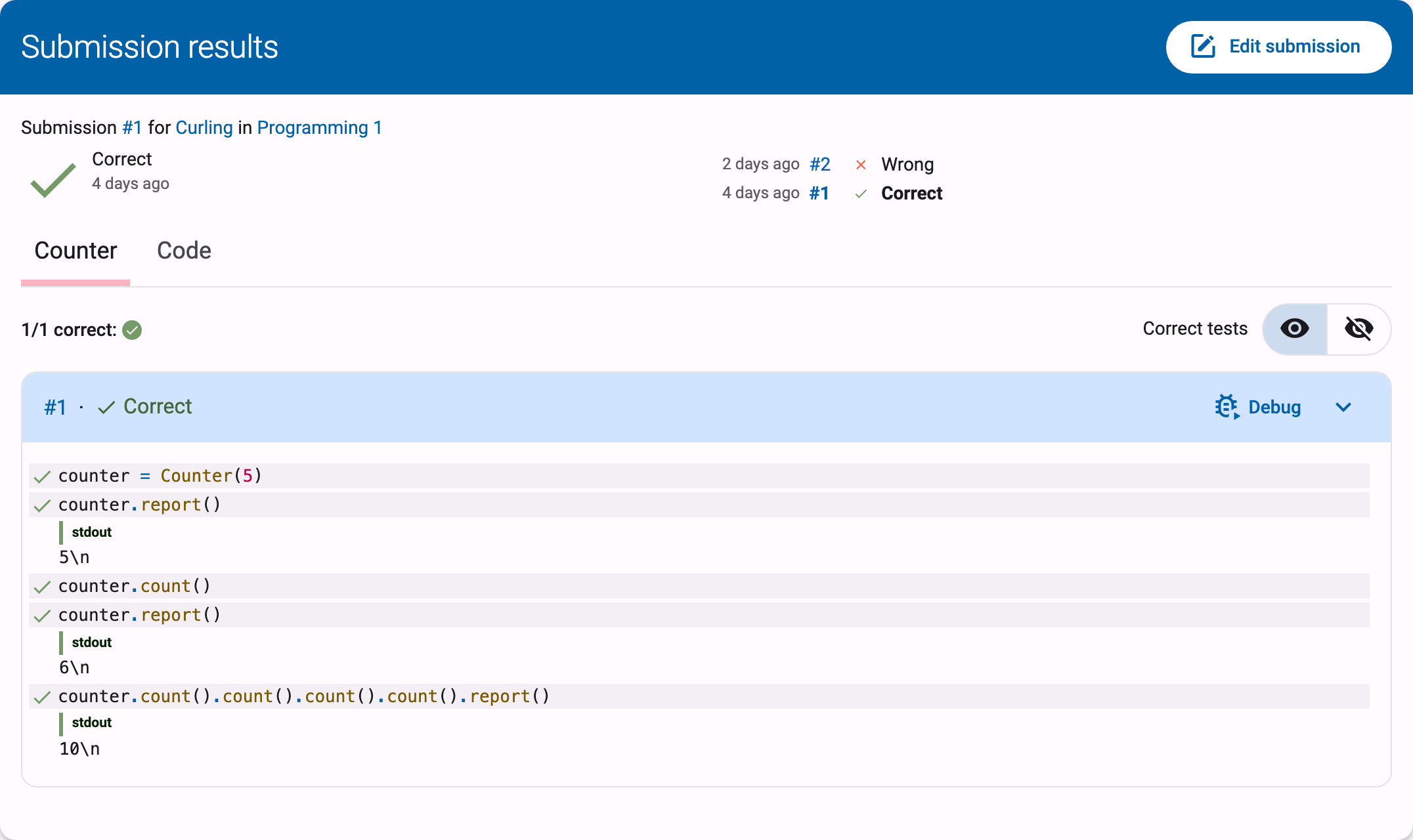 Submission results page for a correct Curling solution