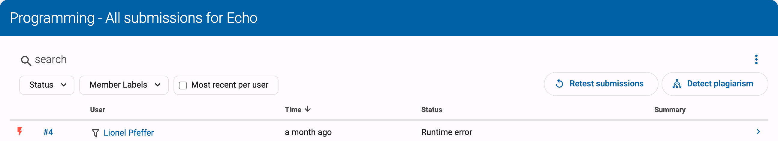 Retest submissions and Detect plagiarism buttons above the submissions overview filtered to a single exercise