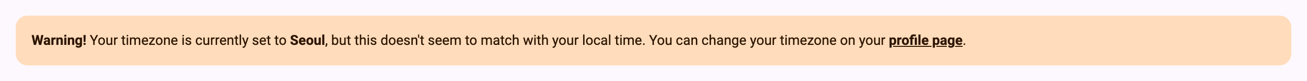 Timezone mismatch warning banner at the top of a page