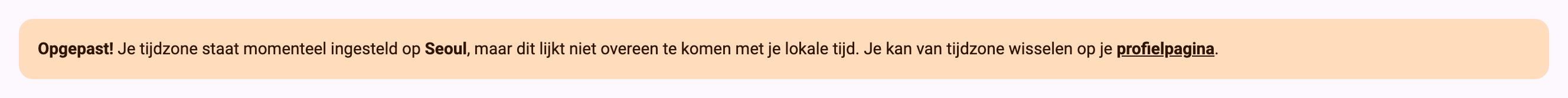Waarschuwing voor verkeerde tijdzone bovenaan een pagina