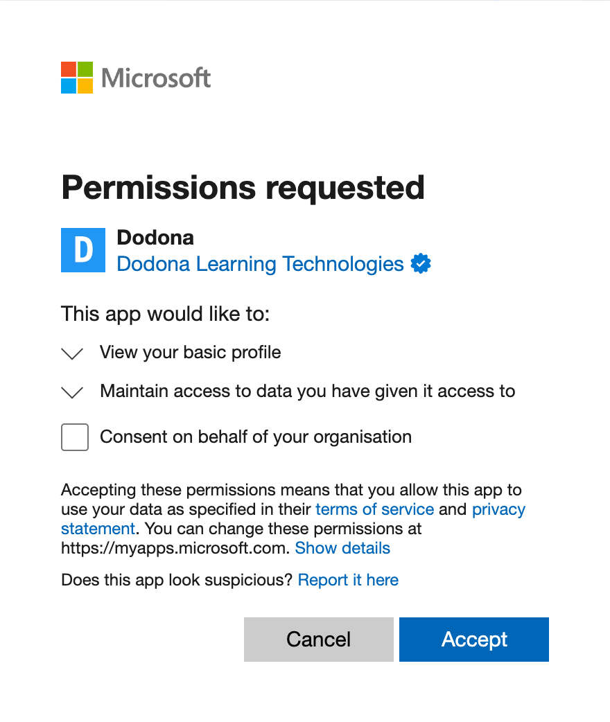 Screenshot of the Microsoft consent screen for the Dodona application, showing the verified publisher badge and the requested permissions "View your basic profile" and "Maintain access to data you have given it access to"
