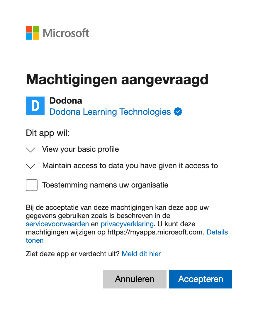 Screenshot van het Microsoft-toestemmingsscherm voor de Dodona-applicatie, met het geverifieerde uitgeversbadge en de gevraagde machtigingen "View your basic profile" en "Maintain access to data you have given it access to"