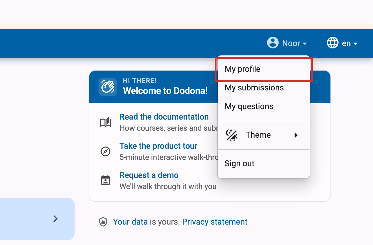 My profile menu item, highlighted, in the open user menu