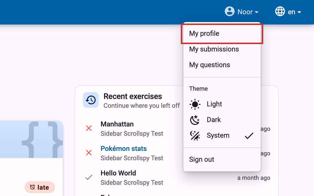 My profile menu item, highlighted, in the open user menu