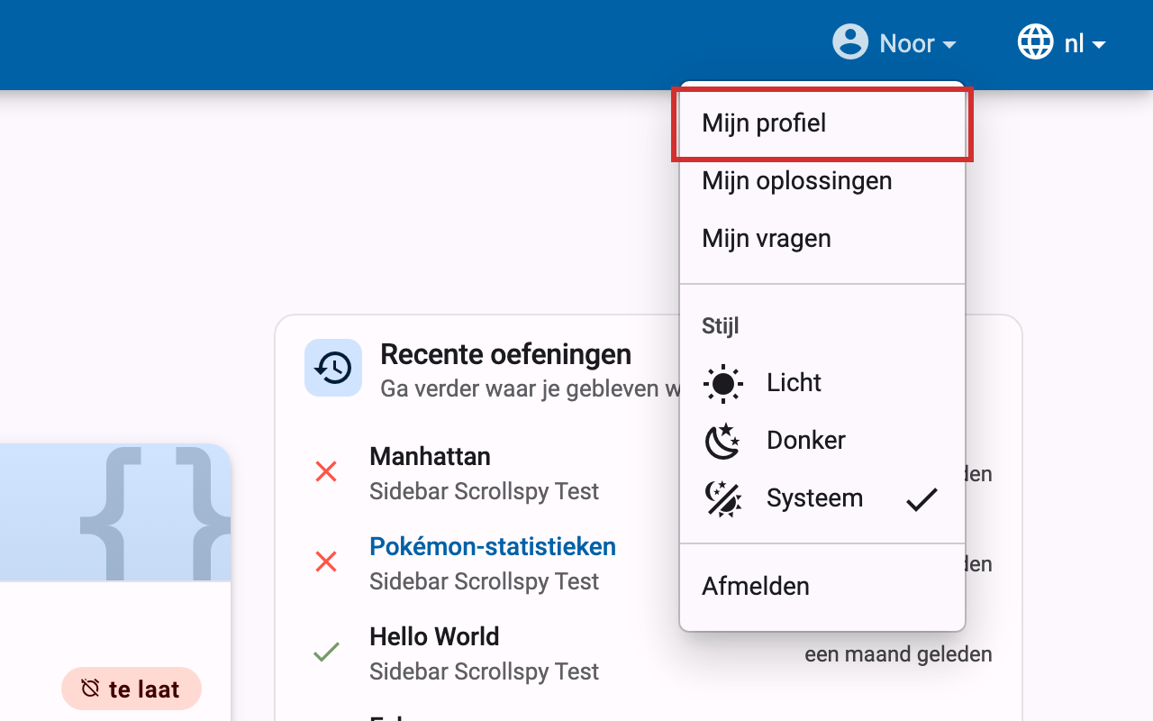 Menu-item mijn profiel, gemarkeerd, in het open gebruikersmenu