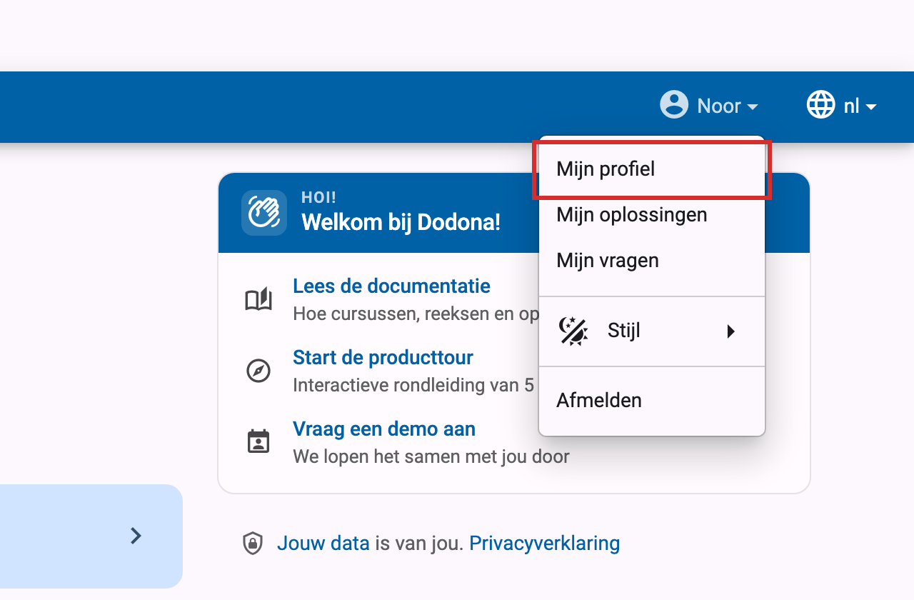 Menu-item mijn profiel, gemarkeerd, in het open gebruikersmenu