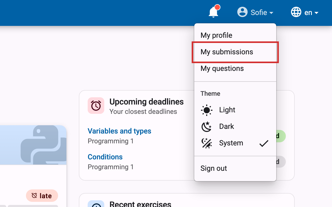 Open user menu with My submissions highlighted