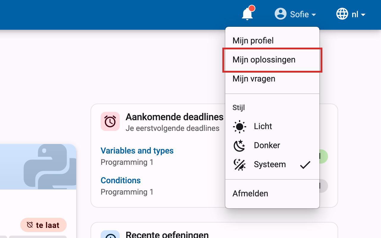 Geopend gebruikersmenu met Mijn oplossingen gemarkeerd