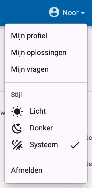Open gebruikersmenu met de opties Licht, Donker en Systeem onder de titel Stijl